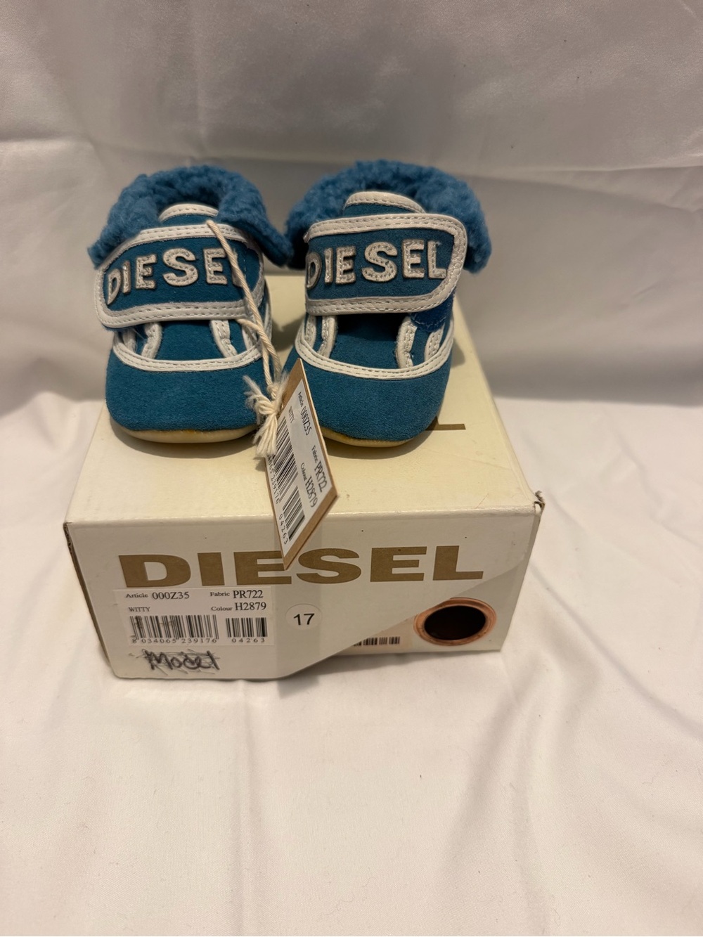 Baby Blue Suede Booties Size 4 Infant Shearling Velcro - Diesel